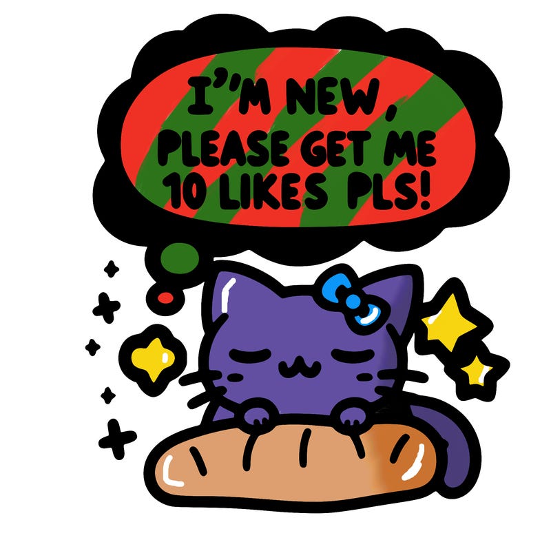 kitty taking a nap dream talking and saying "i'm new, please get me at least 10 likes pls!!"