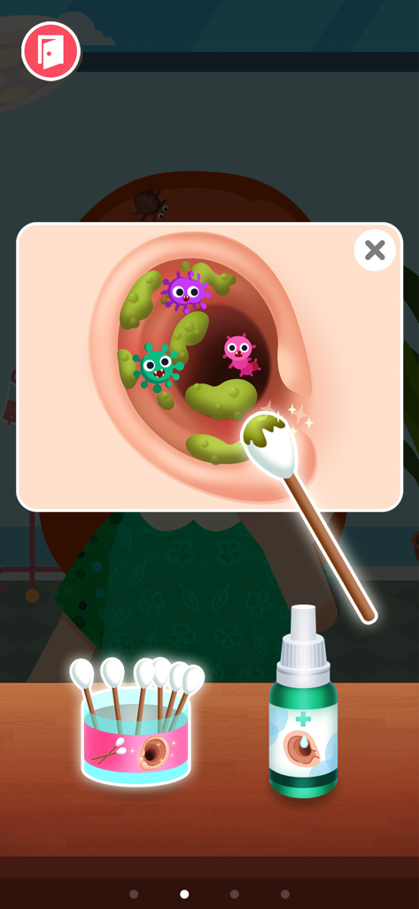 A educational mini game screen showing a child treating a cartoon ear infection with cotton swabs and ear drops.