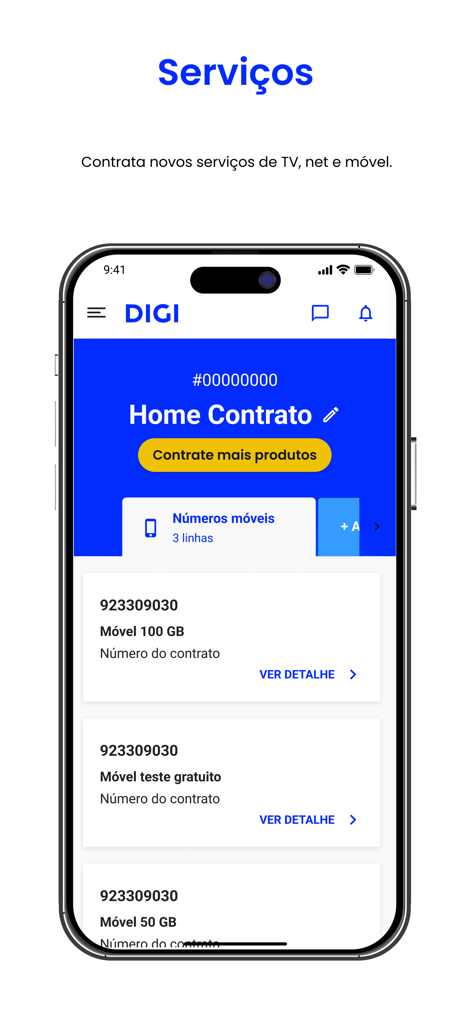 My DIGI - My DIGI mobile app interface displaying various mobile service plans and subscription management options in Portuguese.