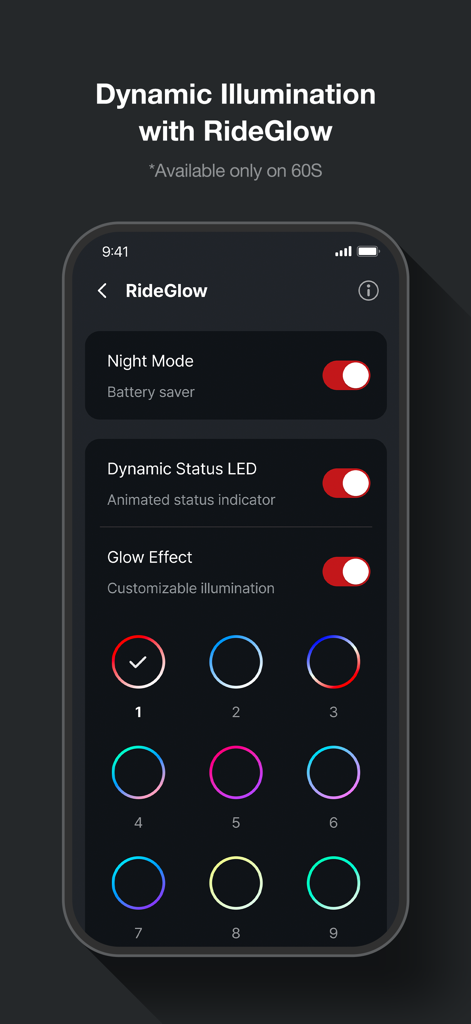 Sena Motorcycles - Interface de l'application Sena Motorcycles présentant les réglages d'illumination dynamique RideGlow et le mode nuit