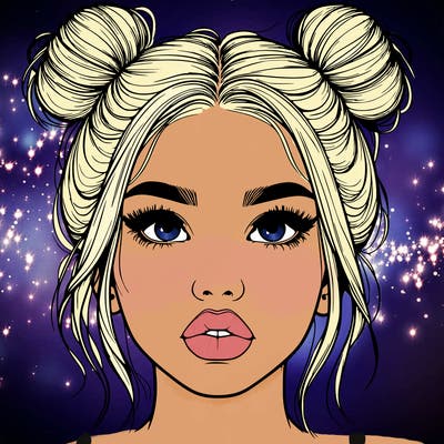 realistic girl with two buns on her hair and lips