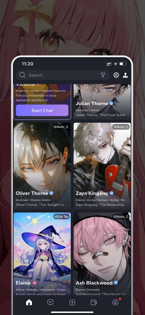 Feelin AI: AI Chat & Companion - Feelin AI app interface showing a library of anime style AI chat characters for roleplay