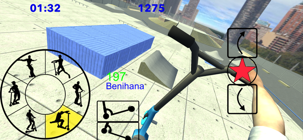 First person view of a scooter rider performing stunts in a 3D skatepark.