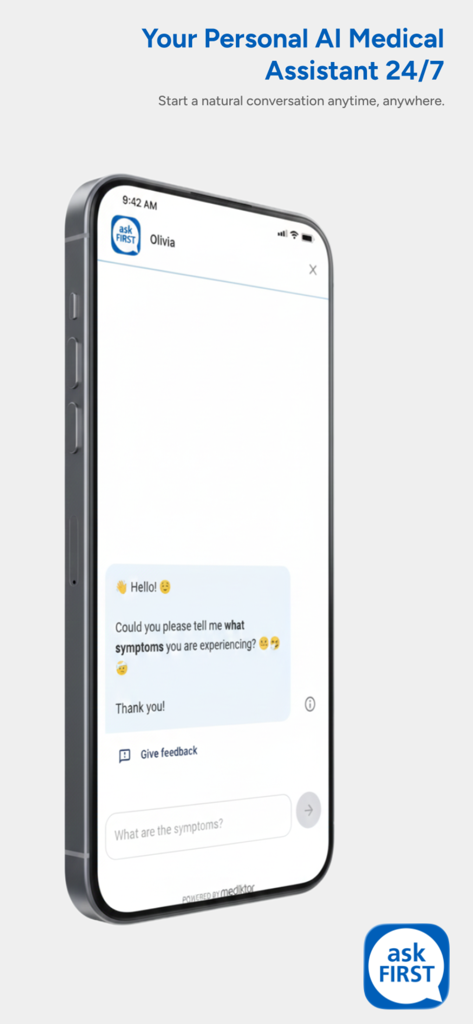AskFirst (formerly Ask NHS) - AskFirst app interface featuring a conversational AI medical assistant for symptom assessment