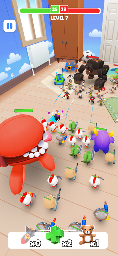 A battle scene in TOYS Rumble featuring cute toy soldiers and monsters in a bedroom