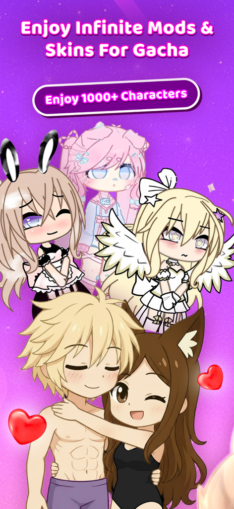 Um grupo de personagens de anime estilizados exibindo várias skins e mods do aplicativo Gachuna