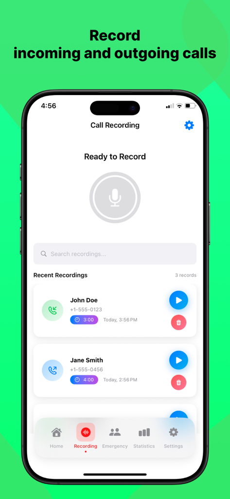 WhatsChat Pro - Interfaz de la aplicación WhatsChat Pro que muestra la función de grabación de llamadas con una lista de llamadas recientes entrantes y salientes
