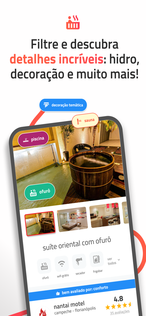 App interface showing filters for themed suites and amenities like a hot tub and sauna