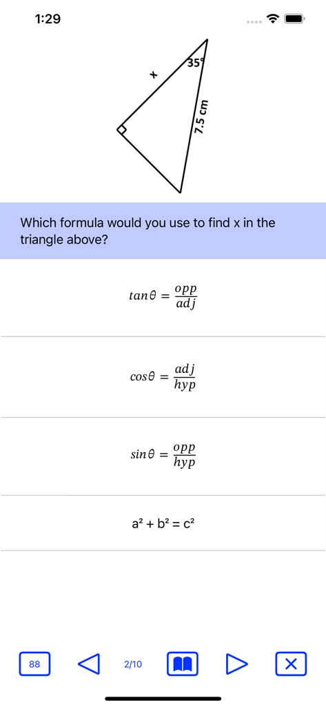 GCSE Maths : Geometry Lite - Una pregunta de cuestionario de geometría que pide elegir la fórmula trigonométrica correcta para un triángulo rectángulo