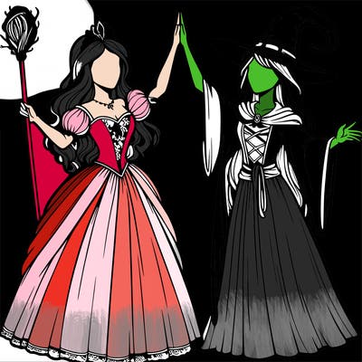 detailed realistic split of a princess and a witch