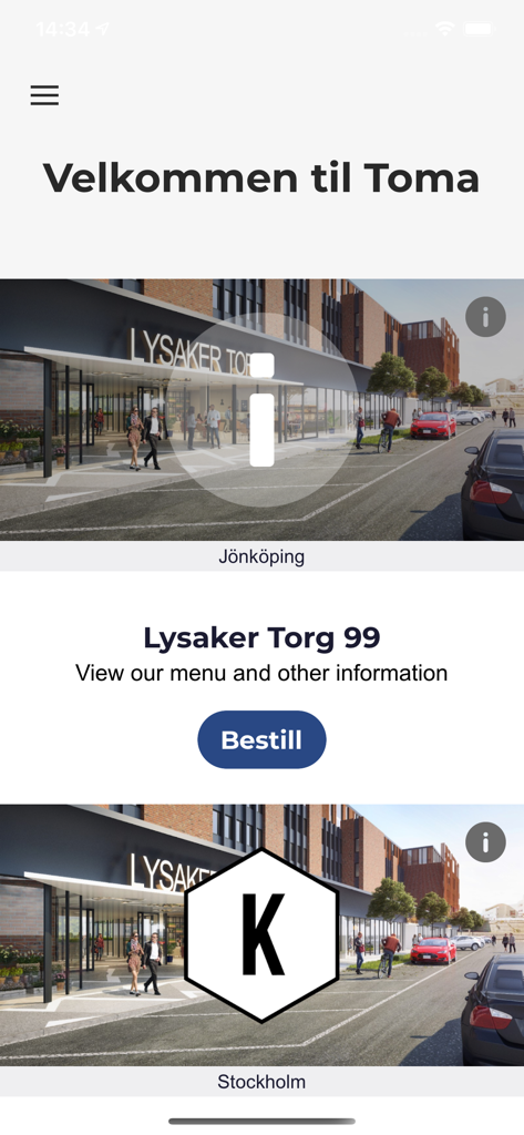Toma - Toma app welcome screen showing corporate dining locations and an order button for employees.