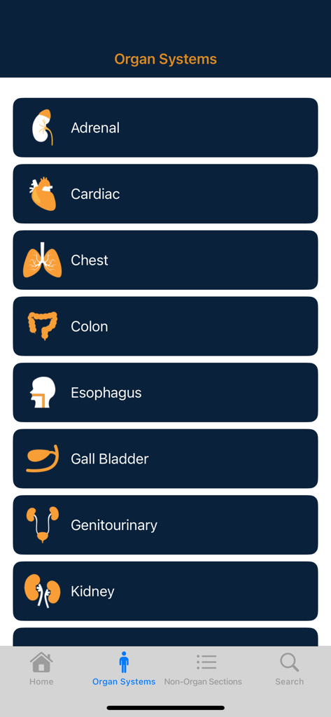 CTisus iPearls - Organ systems menu in the CTisus iPearls radiology app showing categories like Adrenal Cardiac and Chest