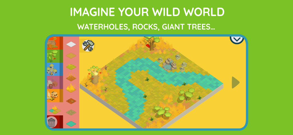 Pango safari builder for kids - Vista de cuadrícula isométrica de un mundo de safari personalizado que se está diseñando con un río y árboles