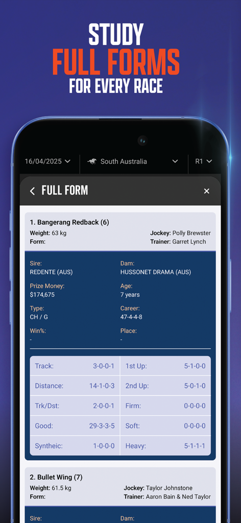SmartOdds app interface showing detailed horse racing form and performance statistics for bettors