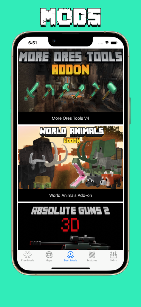 Addons for Minecraft ! - Pantalla de smartphone que muestra varios mods de Minecraft, incluyendo herramientas, animales y armas