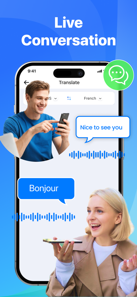 Two people using the Voice Translator app for a real-time English to French live conversation.