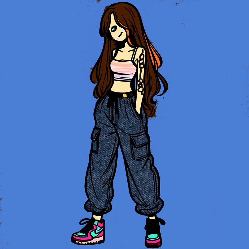 girl in baggy pants crop top and long hair