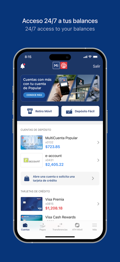 Mi Banco Mobile app interface showing account balances and financial management tools.