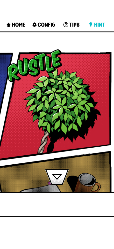 Panel Room - Escape Game - - A comic book style puzzle interface from Panel Room showing a green plant in a red panel and a coffee mug in the panel below.