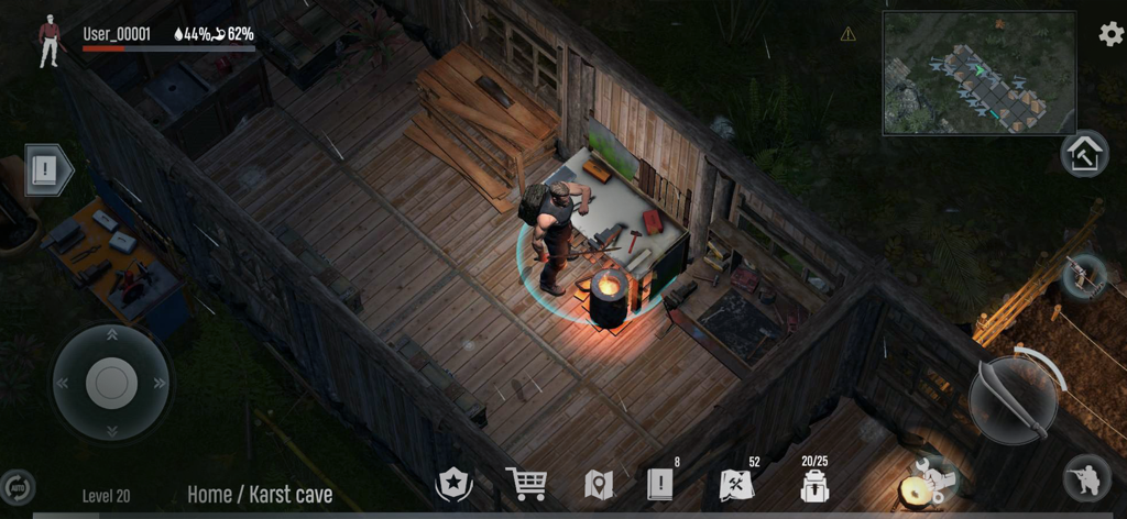 Spielcharakter, der an einer Werkbank in einem Holzunterschlupf in Dead God Land arbeitet.