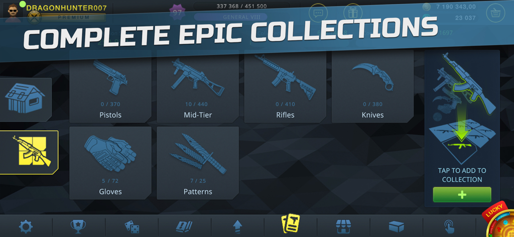 Ein Menü in Case Chase Clicker, das verschiedene Skin-Kategorien zum Sammeln zeigt, darunter Pistolen, Gewehre, Messer und Handschuhe