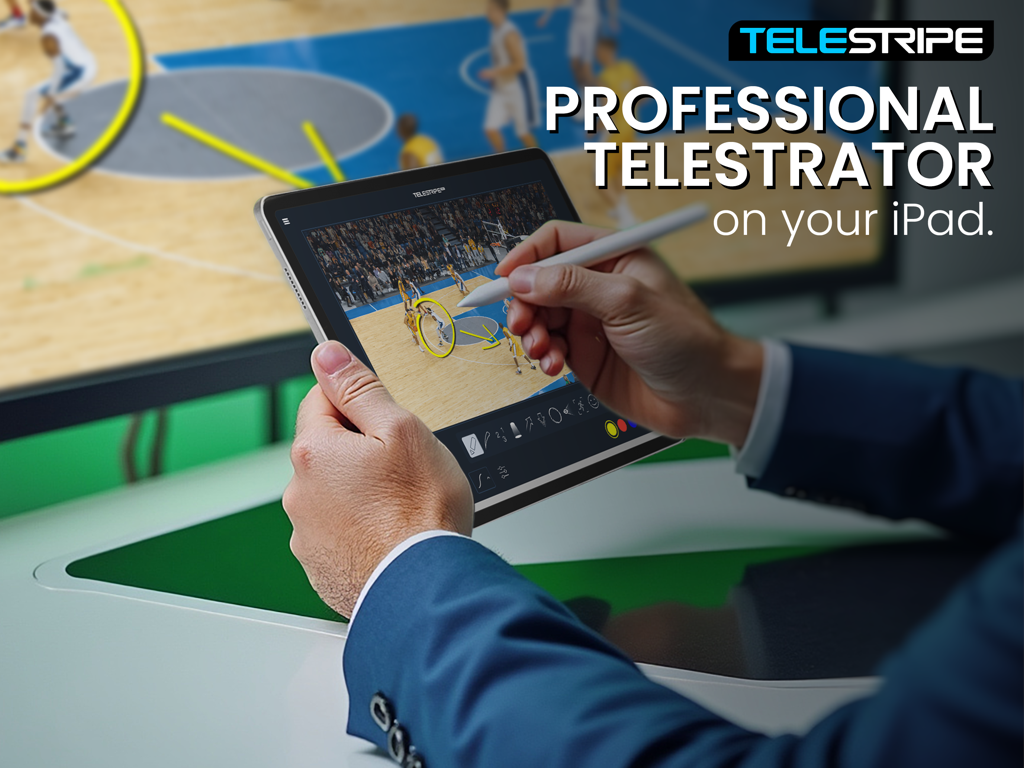 Telestripe - A professional using Telestripe on an iPad with an Apple Pencil to annotate a live basketball game