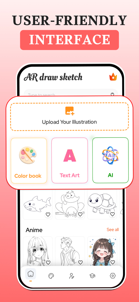 AR Draw: Trace & Paint - User friendly interface of AR Draw app showing categories like AI color book and anime templates