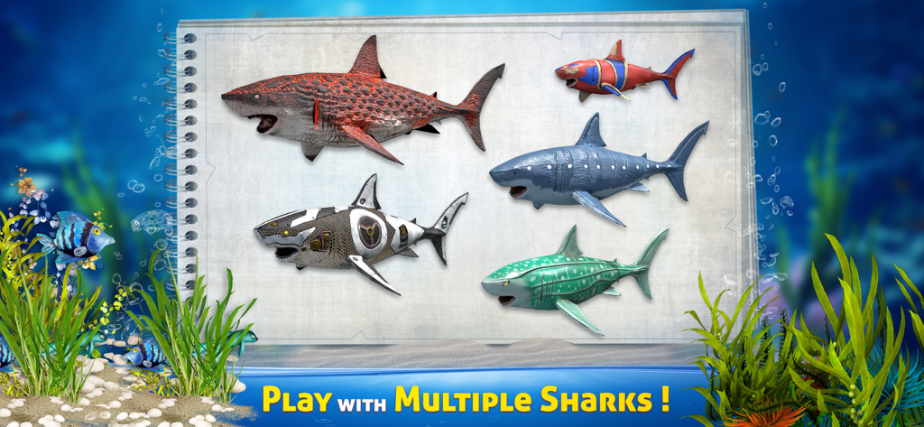 Survival Underwater Shark Game - A display of multiple shark skins and types available to play in the game