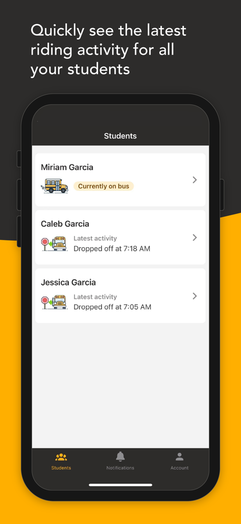 SMART tag™ Parent App - A mobile interface of the SMART tag Parent App showing the real-time riding status and drop-off times for multiple students.