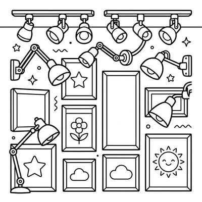 Step into a world of artistic illumination with this delightful coloring page designed specifically for kids. Young artists will love bringing vibrant colors to a collection of picture lights and the fun artworks they illuminate.