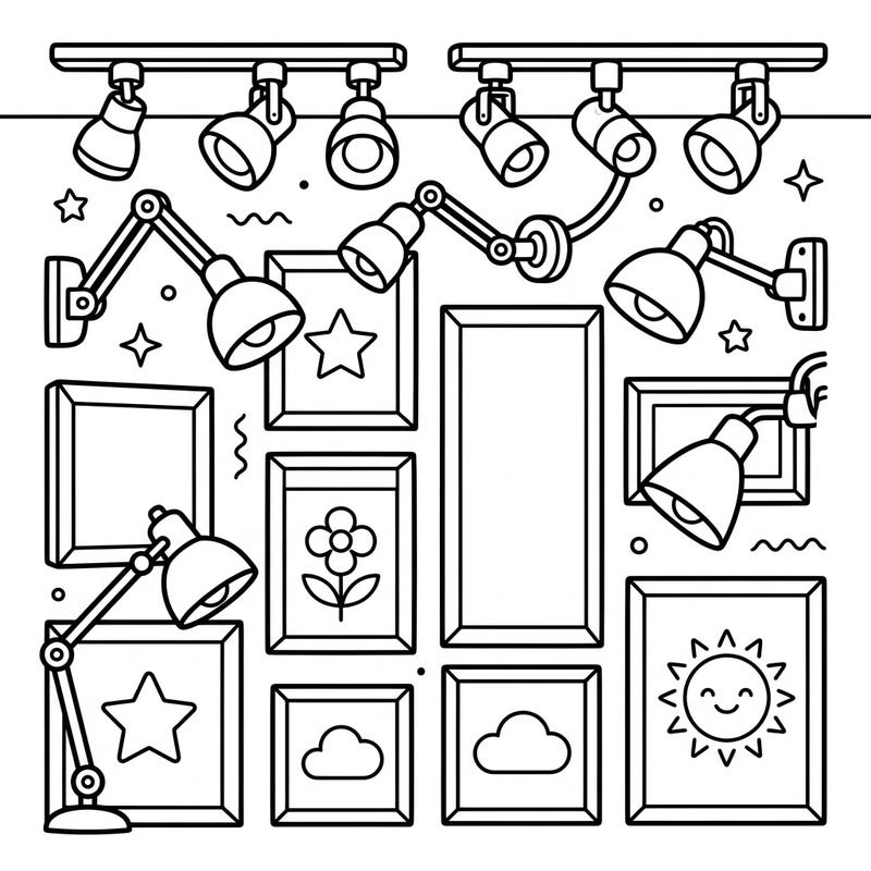 Step into a world of artistic illumination with this delightful coloring page designed specifically for kids. Young artists will love bringing vibrant colors to a collection of picture lights and the fun artworks they illuminate.