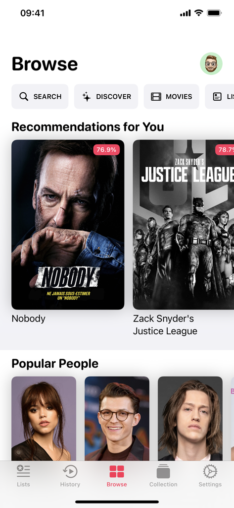 Popcorn Movies - La pantalla de exploración de la aplicación Popcorn Movies mostrando recomendaciones de películas y actores populares como Jenna Ortega y Tom Holland.