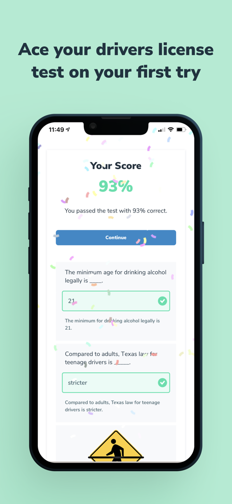 Aceable App-Oberfläche zeigt eine bestandene Punktzahl von 93 Prozent bei einer Übungsprüfung für die Fahrerlaubnis mit Multiple-Choice-Fragen