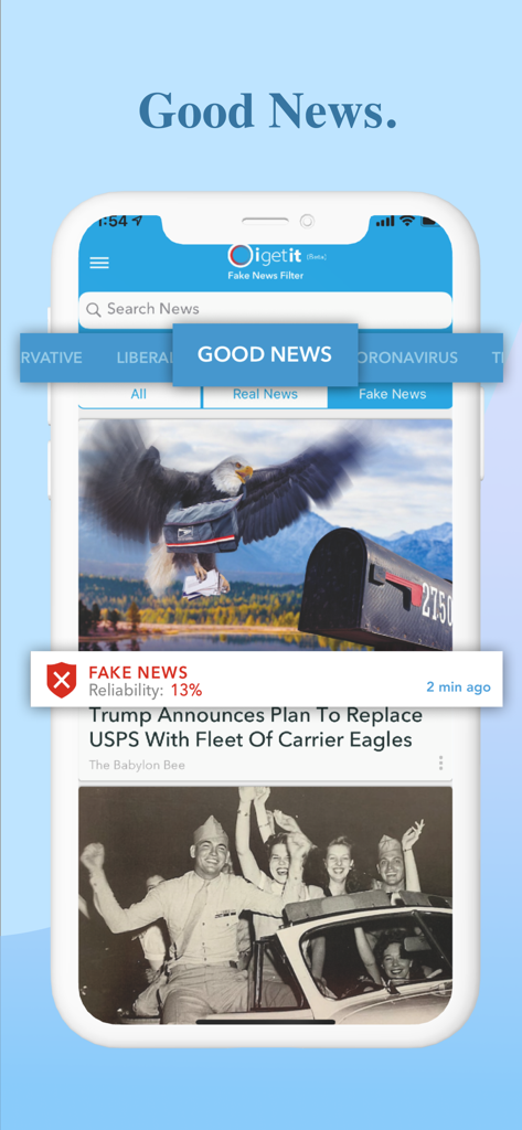 Oigetit app interface displaying a satire news article tagged as fake news with a low reliability rating.