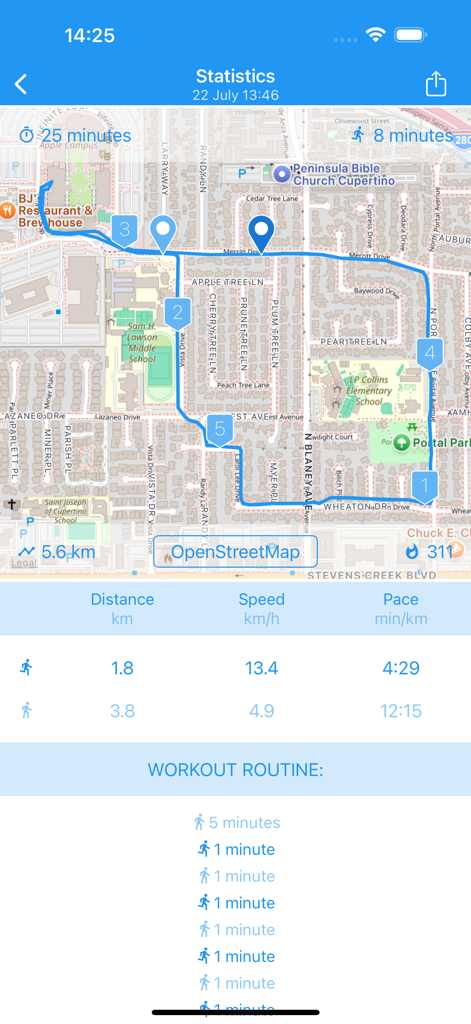 Start Running For Beginners - Statistics screen from the Start Running For Beginners app showing a GPS map route with distance and pace data
