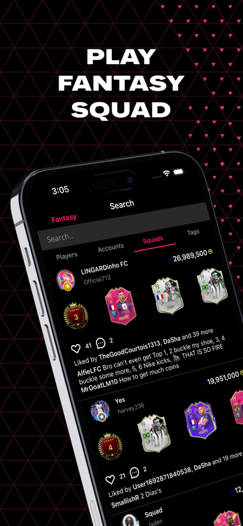 Futnet - FC 25 Cards & Squads - Feed social de la app Futnet mostrando plantillas de fútbol fantasy y cartas de jugadores