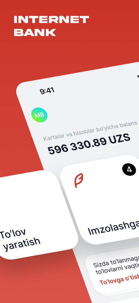 Biznes 24/7 - Tableau de bord de l'application mobile Biznes 24-7 montrant le solde du compte en UZS et les options de paiement professionnel