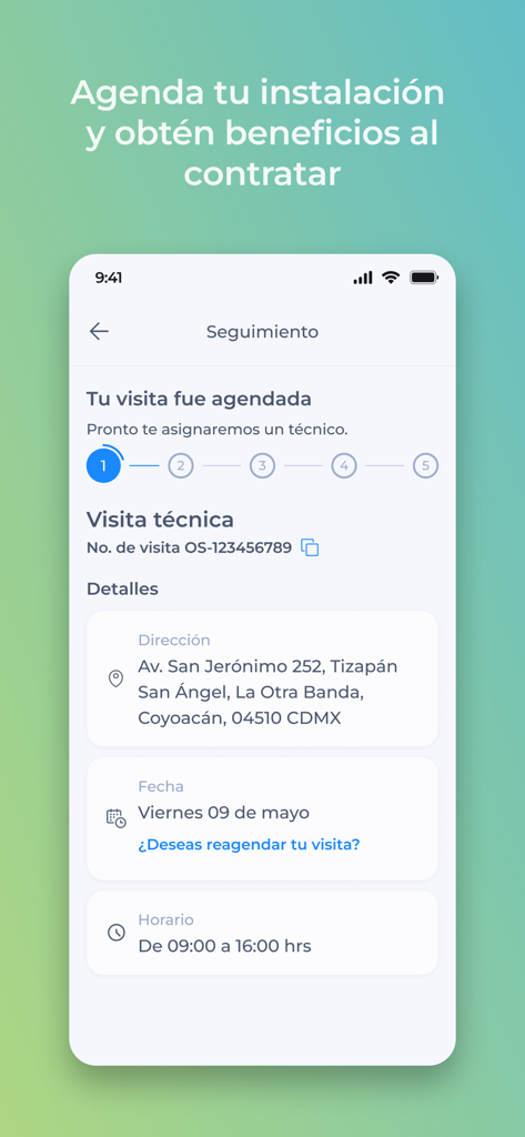 Totalplay - Smartphone screen showing technical visit tracking details in the Totalplay app