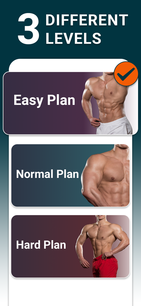 Abs and Core Workout at Home - App screen showing three different workout difficulty levels from easy to hard