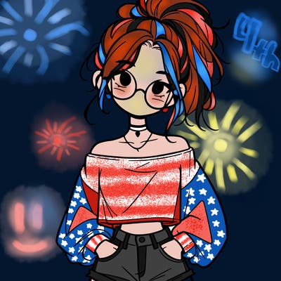 girl with a messy ponytail glasses a baggy crop top and jean shorts