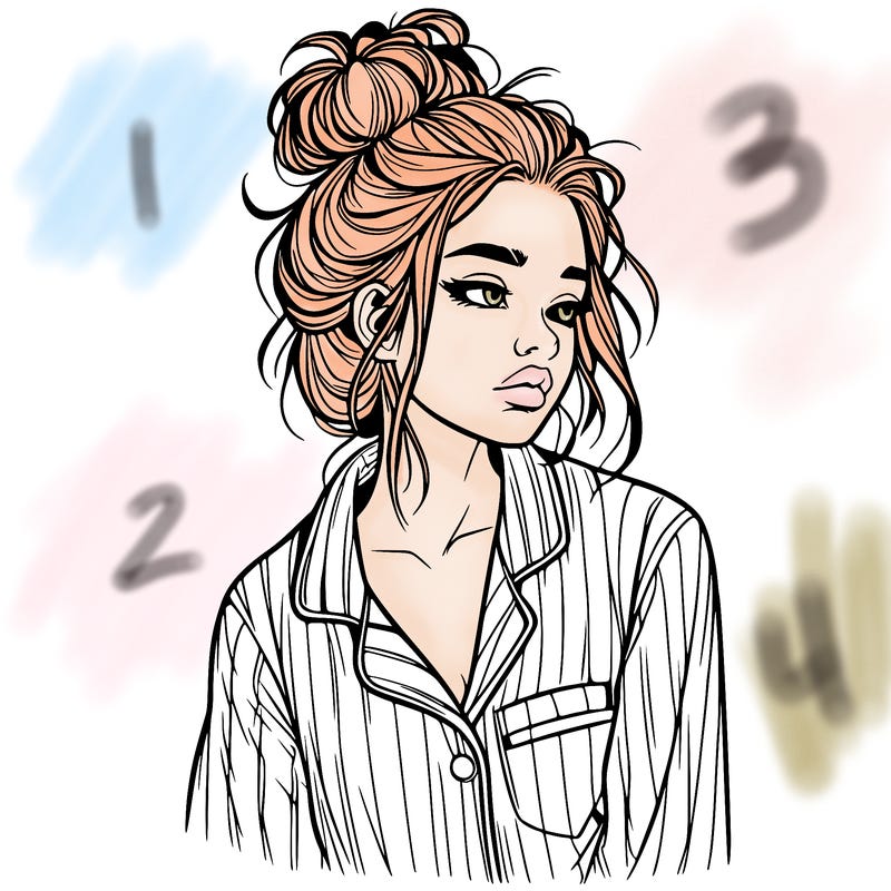 realistic woman with pajamas on and a messy bun
