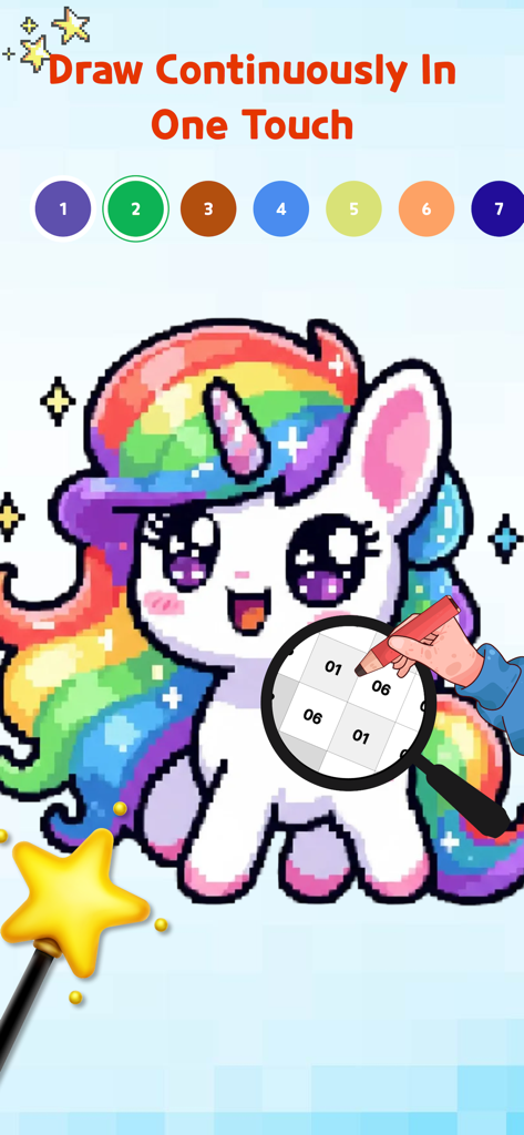 Pixel Art: Paint by Number - Un unicorno pixel art colorato che viene colorato per numero in una rilassante app mobile