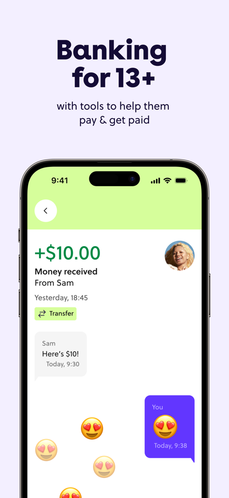 GoHenry by Acorns Kids Banking - GoHenry app interface showing a teenager receiving a ten dollar payment from a friend