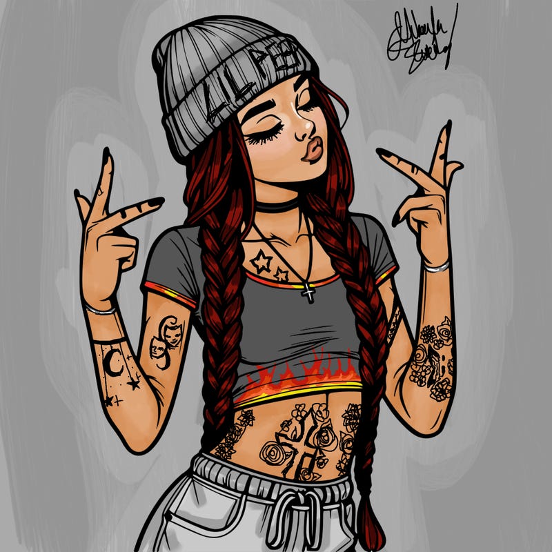 realistic teenage girl with braids and a beanie and crop top doing 🫶🏼