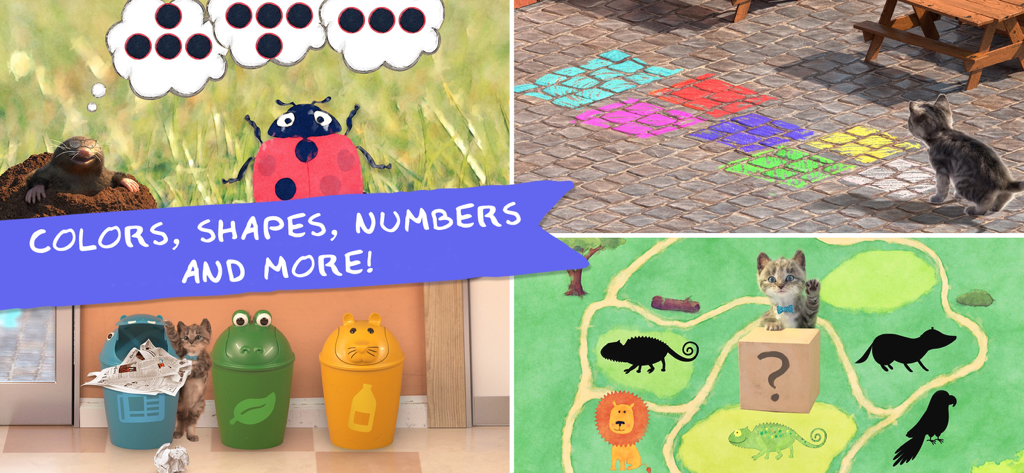 Little Kitten: Pet Cat School - Collage of preschool educational games in Little Kitten Pet Cat School app including counting and recycling