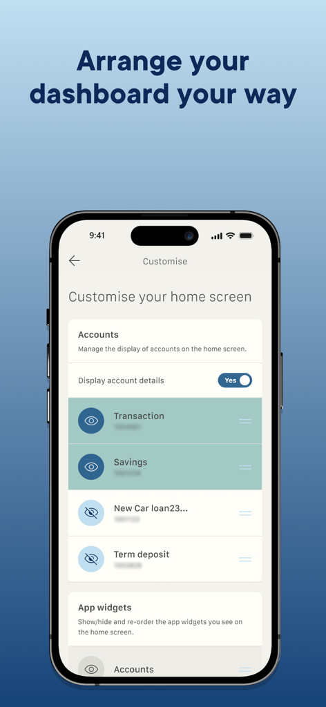 Hume Bank - Hume Bank mobile app home screen customization interface allowing users to arrange accounts and widgets