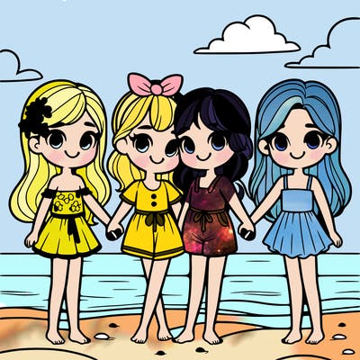 girls all holding hands on the beach