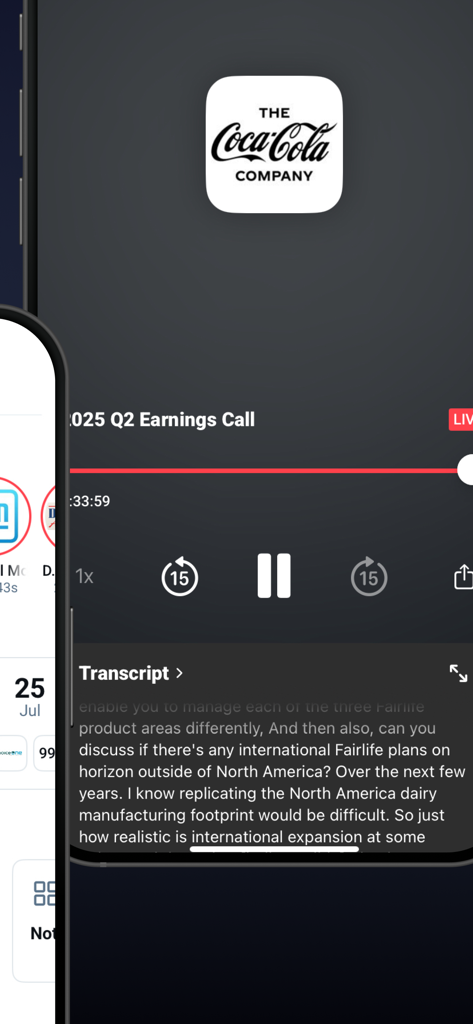 AlphaSense - AlphaSense mobile app interface displaying a live earnings call transcript for The Coca-Cola Company.