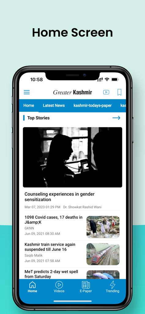 Greater Kashmir - News - Greater Kashmir News app home screen displaying top stories and local news articles from the Kashmir valley.