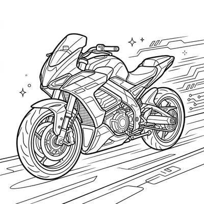 Unleash your creativity with this dynamic electric motorcycle coloring page. Featuring a sleek, futuristic design, it's perfect for anyone who loves modern vehicles and eco-friendly speed.